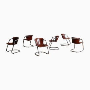 Tubular Chrome and Saddle Leather Dining Chairs from Metaform, 1969, Set of 6