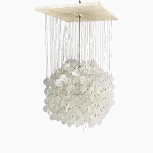 Lámpara de araña italiana moderna de cristal de Murano, aluminio y madera blanca, años 70