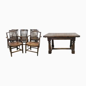 Antiker Tisch aus Ulmenholz & Eiche mit Auszügen und Stühlen, 9 . Set