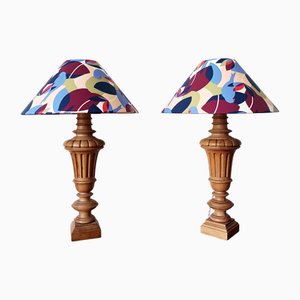 Medici Turned Wood Lamps with Custom-Made Lampshades, Set of 2
