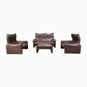 Vintage Leather Maralunga Sofa Set by Vico Magistretti for Cassina, 1973, Set of 4
