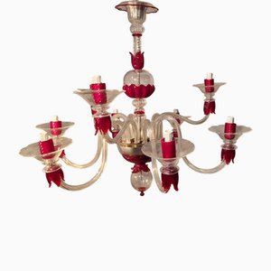 Chandelier in Transparent and Ruby ​​red Glass in Galliano and Murano Iron