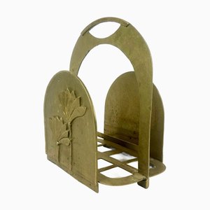 Brutalist Brass Magazine Rack with Floral Elements, 1970s
