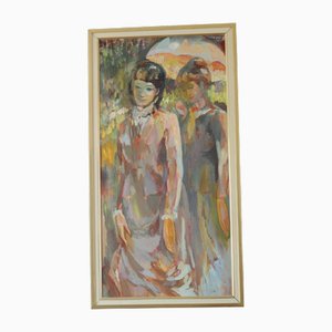 Artista, Due donne, Svezia, anni '70, grande olio su tela, con cornice