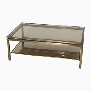 Table Basse à 2 Niveaux en Laiton et Verre Fumé, 1970s