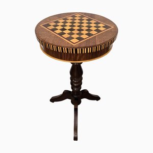 Italian Neoclassical Walnut Inlay Tripod Chess Games or Side Table, 1970s