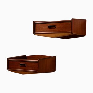 Wall Mounted Teak and Beech Bedside Cabinet, Set of 2