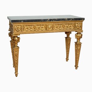 Antique Louis XVI Neapolitan Console Table in Gilded and Carved Wood with Black Portoro Marble Top, 19th Century