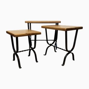 Wrought Iron and Oak Top Nesting Tables, Set of 3