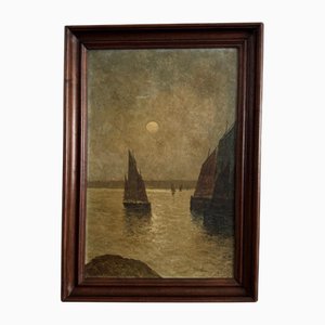 Maurice Proust, Barcos de pesca al atardecer, óleo sobre cartón, enmarcado