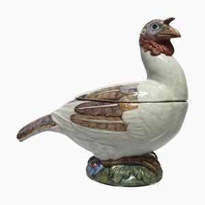 Sopera de pavo pequeña de mayólica blanca y policromada de finales del siglo XVIII, Italia
