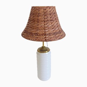 Mid-Century Marbella Style White Ceramic, Brass and Wicker Table Lamp from Carstens Tönnieshof, 1960s