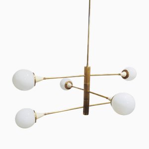 Lustre Mid-Century en Laiton avec 6 Sphères en Opaline, Italie, 1960s