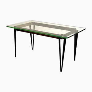 Mesa de centro rectangular de vidrio, metal y latón, años 50