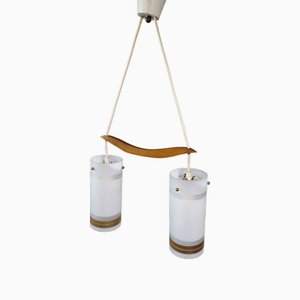 Mid-Century Modern Hanging Lamp in Opal Glass and Teak, 1960s