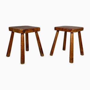 Italian Modern Rounded Square Wooden Stools, 1970s, Set of 2