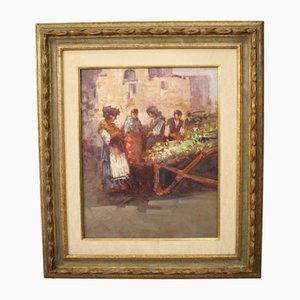 Artista italiano, Escena popular con figuras, 1970, óleo sobre tabla, enmarcado