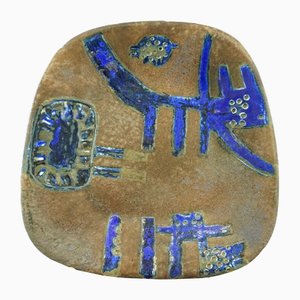 Primitivist Stoneware Plate with Abstract Figures by Cesare Ronchi, Italy, 1960s