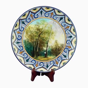 Piatto in ceramica con paesaggio rurale centrale di Cà Pirota, Faenza, anni '20