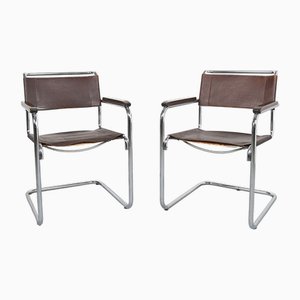 S34 Freischwinger aus Braunem Leder & Chrom von Mart Stam für Thonet, Deutschland, 1970er, 2er Set