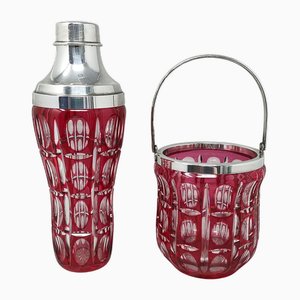 Bohemian Red Cut Crystal Glass Cocktail Shaker with Ice Bucket, Italy, 1960s