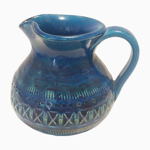Handmade Rimini Blue Lacquered Ceramic Jug attributed to Aldo Londi for Bitossi, Italy, 1970s