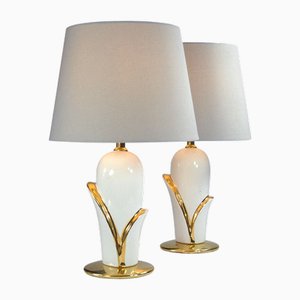 Vintage White Gold Ceramic Table Lamps, 1980s, Set of 2