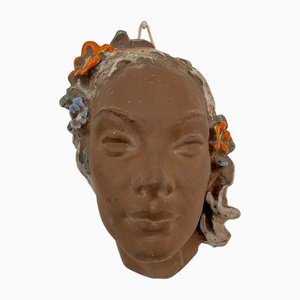 Mid-Century Wall Mask of Woman with Flower Wreath by Lore Friedrich-Gronau for Karlsruhe Majolika, 1958