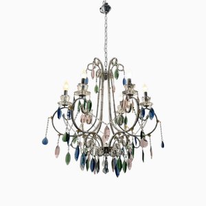 Lustre Vintage en Cristal Perlé Multicolore avec Six Lumières, 1960s