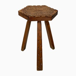 Italian Stool with Carved Decorations in Wood, 1970s
