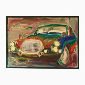Roshim, Coche, años 50, óleo sobre tabla, enmarcado