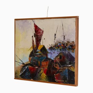 R. Lindstedt, Boote und Häuser, 1960er, Öl auf Leinwand, Gerahmt