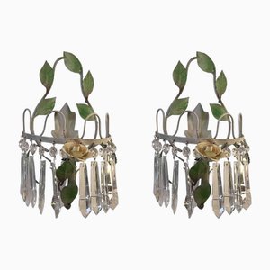 Vintage Wall Lights in Green Lacquered Iron and Crystals, 1970, Set of 2