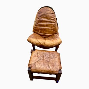 Brutalist Brazilian Chair and Hocker in Patched Leather, 1960s, Set of 2
