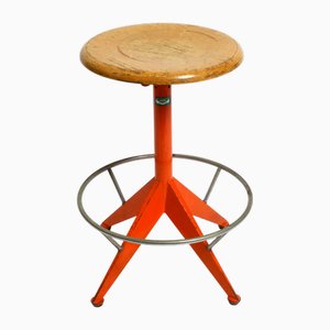 Taburete italiano industrial Mid-Century de metal en naranja de Mautren, años 60