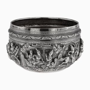 Antique Burmese Repoussé Silver Mahajanaka Jataka Bowl, 1890s