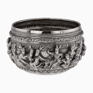 Antike burmesische Repoussé Silber Jataka Tales Schale, 1905