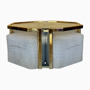 Tavolino da caffè esagonale dorato con ripiano in vetro e sgabelli a incastro, anni '50, set di 5