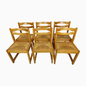 Vintage Elm Straw Chairs from Maison Regain, 1970s, Set of 6