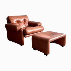 Poltrona Coronado e poggiapiedi in pelle di Tobia Scarpa per B&B Italia, anni '70, set di 2