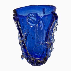 Blue Vase with Transparent Reliefs in 24 Kt Submerged Gold Leaf by Il vetro dei Dogi