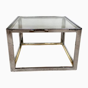 French Cube-Shaped Chrome Side Table with Glass Top and Brass Details from Maison Charles, 1970s