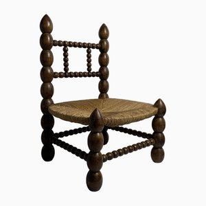 Wood Turned Bobbin Low Rush Chair by Charles Dudouyt, France, 1950s