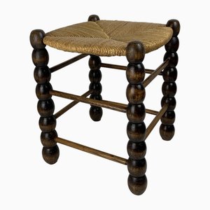 Brutalist Wood Turned Bobbin Rush Stool by Charles Dudouyt, 1950s