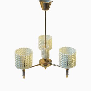 Scandinavian Modern Chandelier in Brass and Waffle Glass, 1960s