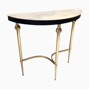 Brass and Black Lacquered Beech Console Table with Demilune Marble Top, Italy, 1960s
