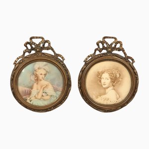 Miniature antiche di donne con cornice, inizio XX secolo, set di 2