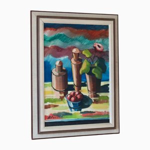 Huile sur Toile Bror Göransson, Pot de Fleurs et Fruits, 1970s, Encadré