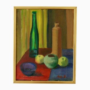 Hugo Olson, Still Life with Bottles and Apples, 1950s, Oil on Canvas, Framed