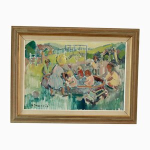 Nils Sewerin, Children in a Playground, años 60, óleo sobre lienzo, enmarcado